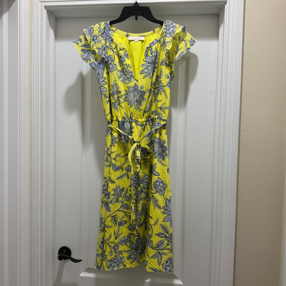 Loft Yellow Floral Midi Dress Flutter Sleeve Elastic Waist Tie Belt Womens S